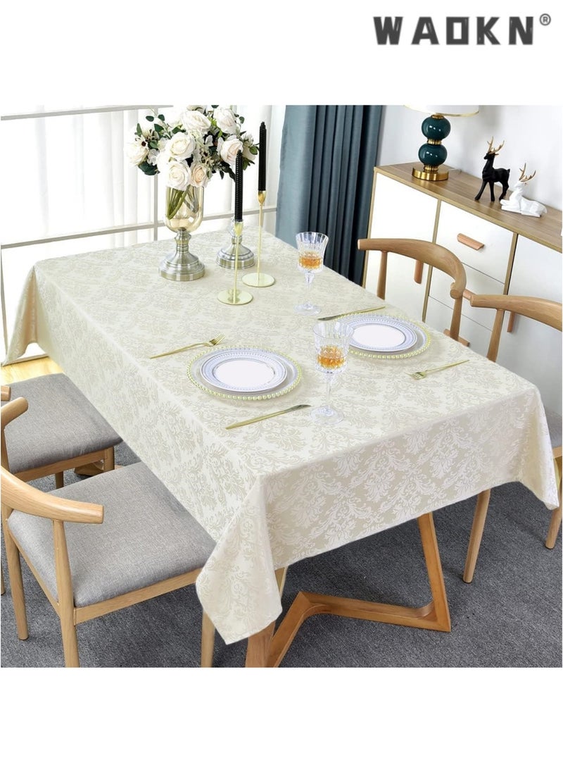 WAOKN Rectangle Jacquard Tablecloth - 130 x 170 cm Spill Proof Wrinkle Resistant Damask Table Cloth, Soft Polyester Oblong Table Cover for Kitchen Parties Farmhouse, Ivory  - Image 2