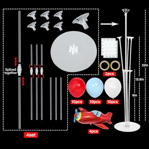 Naozinebi 4 Sets Airplane Birthday Party Balloons Stand Kit with 4 Plane Helicopter Foil Balloons Red Blue White Theme Party Balloon Centerpiece for Table for Adventure Time Flies Baby Shower Parties Decoration - Image 5