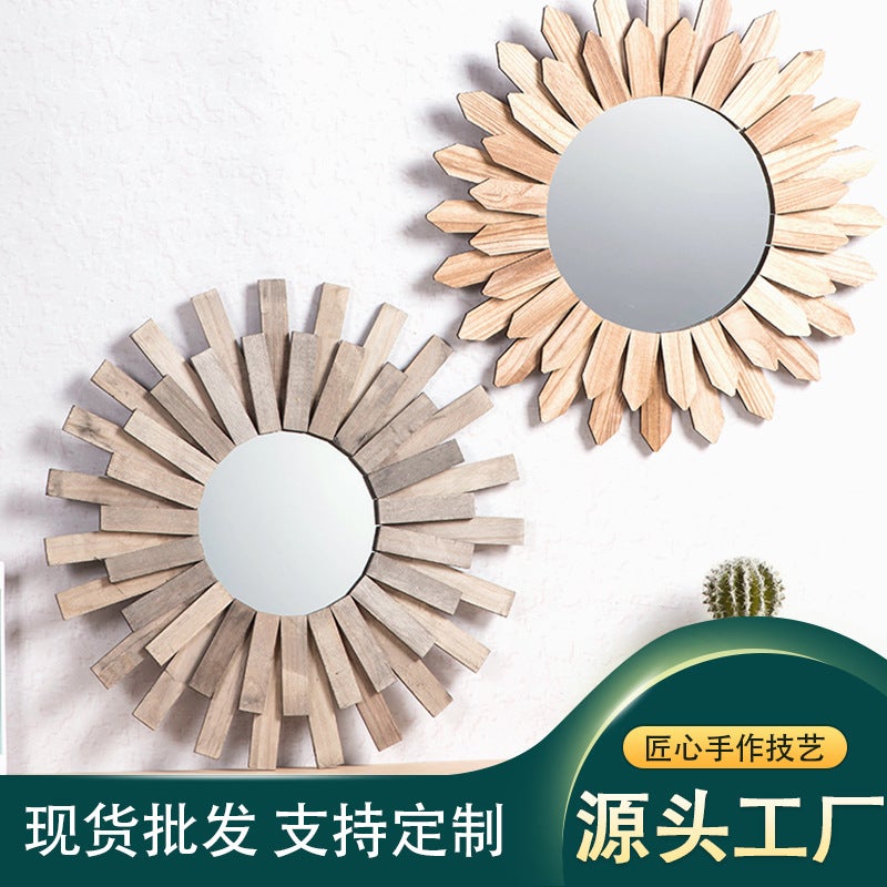 Wooden Wall Hanging Decorative Mirror Bathroom Washstand Cosmetic Mirror Homestay Bathroom Creative Round Mirror Po Props - Image 2