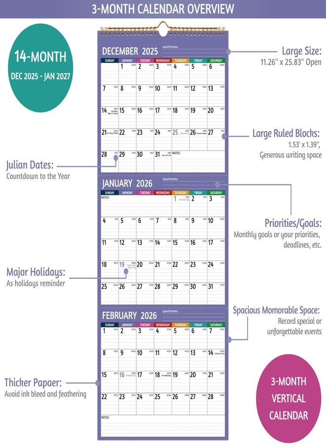 BowCuk 2026 Wall Calendar - 3 Month Calendar 2026 Vertical, Jan 2026 - Dec 2026, 3 Month Wall Calendar 2026, 11 x 26 In Open, 2026 Calendar Monthly with Large Print, Holidays, Thick Paper, Priorities ＆ Notes, Purple - Image 3