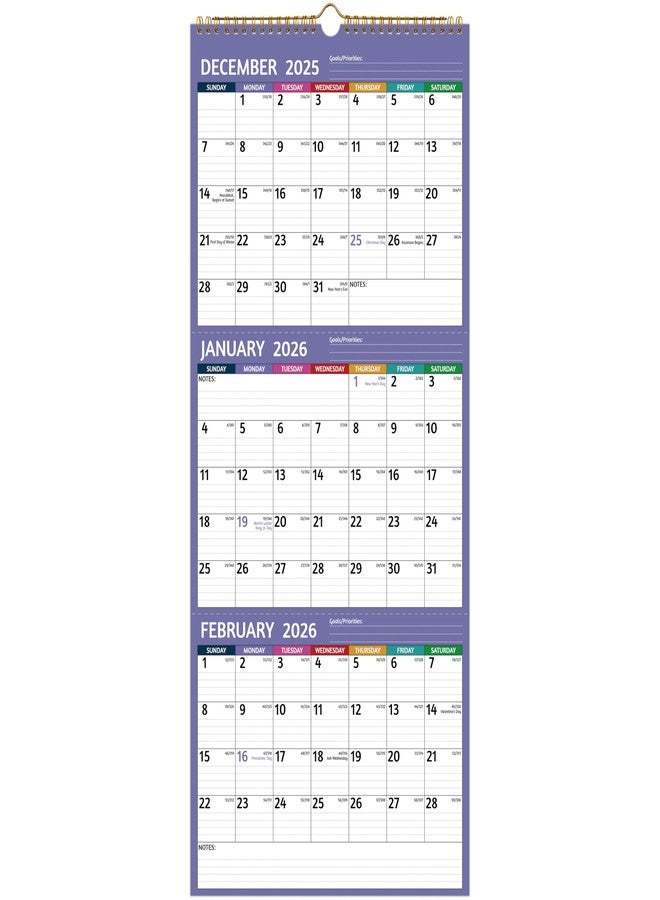 BowCuk 2026 Wall Calendar - 3 Month Calendar 2026 Vertical, Jan 2026 - Dec 2026, 3 Month Wall Calendar 2026, 11 x 26 In Open, 2026 Calendar Monthly with Large Print, Holidays, Thick Paper, Priorities ＆ Notes, Purple - Image 1