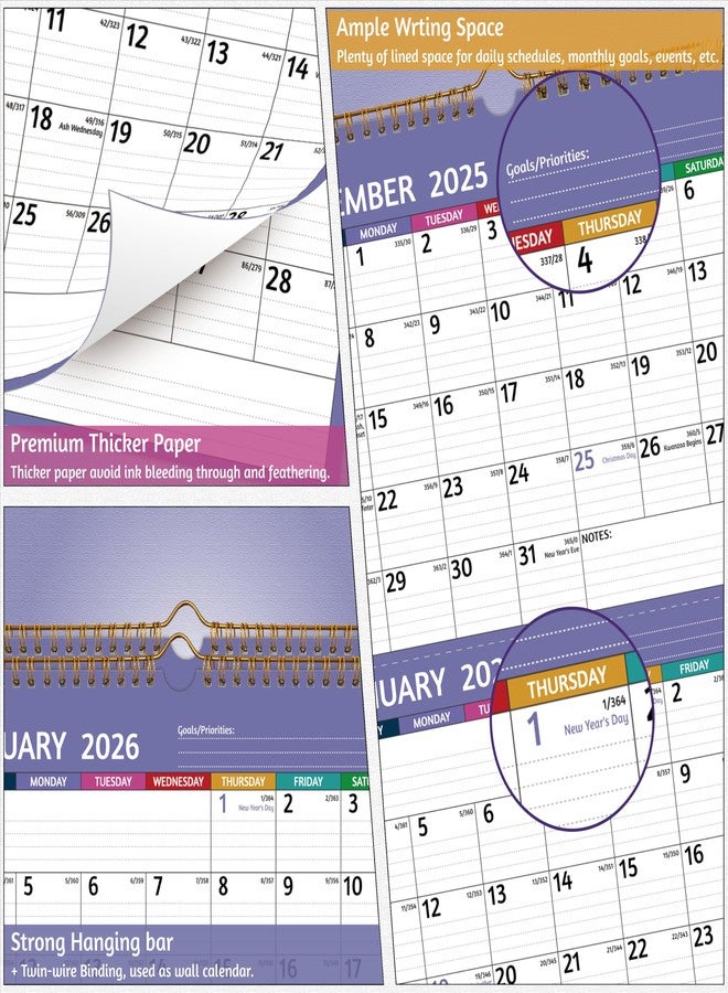 BowCuk 2026 Wall Calendar - 3 Month Calendar 2026 Vertical, Jan 2026 - Dec 2026, 3 Month Wall Calendar 2026, 11 x 26 In Open, 2026 Calendar Monthly with Large Print, Holidays, Thick Paper, Priorities ＆ Notes, Purple - Image 4