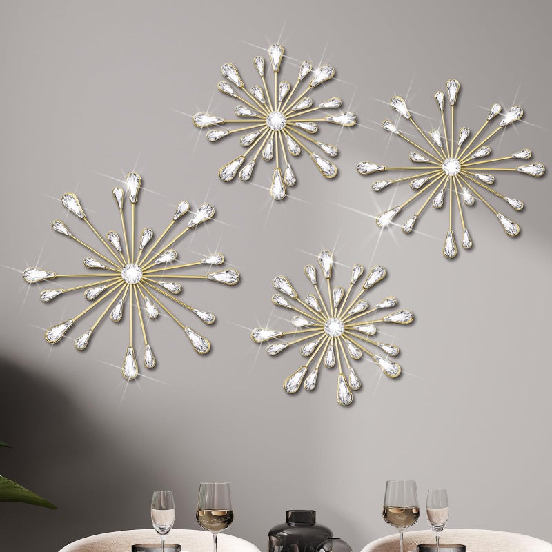 Hicarer 4 Pcs Starburst Wall Decor Bling Wall Art Crystal Teardrop 3D Hanging Rhinestone Radial Metal Artwork Modern Accent Sculptures Decorations for Living Room Home Office BedroomGold - Image 2