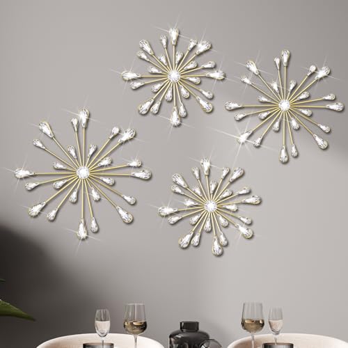 Hicarer 4 Pcs Starburst Wall Decor Bling Wall Art Crystal Teardrop 3D Hanging Rhinestone Radial Metal Artwork Modern Accent Sculptures Decorations for Living Room Home Office BedroomGold - Image 1