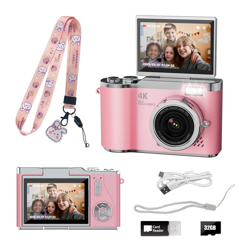 HEYMAO Kids Camera4K Digital Camera for Photography48MP 1080P HD Video Selfie Camerawith 180 Flip Screen Flashwith 32GB SD Cardfor Starter Kid Children Teen Student Girl BoyPink - Image 2