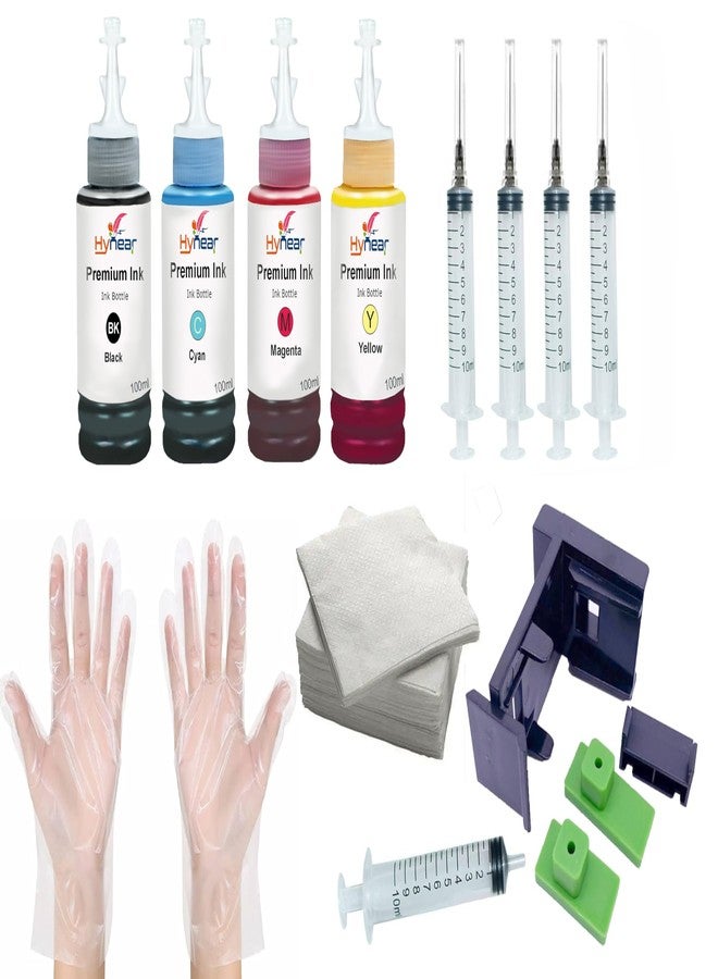 Hynear 682 Refill Ink Bottle with Syringe Suitable for 6075, 6078, 6475, 6478 682 Ink Cartridge Cyan, Black, Magenta & Yellow (100ml X 4 Bottle + 4Syringe + Tool Kit + Tissue Paper + Handgloves) - Image 1