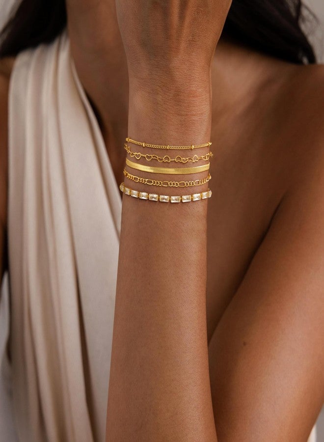 MBW 14K Gold Plated Bracelets for Women, Dainty Tennis Bracelet Set Stackable Bracelets CZ Tiny Cute Heart Figaro Link Chain Bracelet Minimalist Waterproof Jewelry for Women Trendy - Image 5
