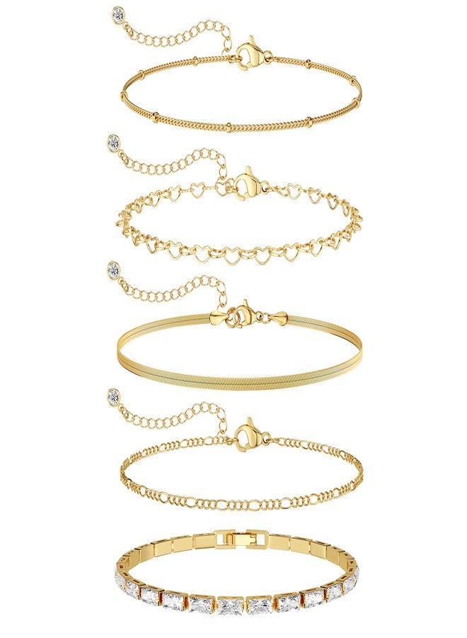 MBW 14K Gold Plated Bracelets for Women, Dainty Tennis Bracelet Set Stackable Bracelets CZ Tiny Cute Heart Figaro Link Chain Bracelet Minimalist Waterproof Jewelry for Women Trendy - Image 1