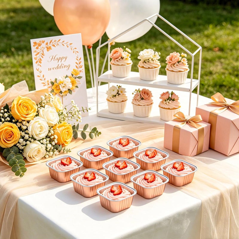 LOKQING NPLUX Mini Cake Pans with Lids, Spoons and Stickers, 50 Pack 5 oz Champagne Square Disposable Aluminum Foil Baking Pans for Brownies, Cheesecake, Pudding, Graduation Gifts Party Favors - Image 2