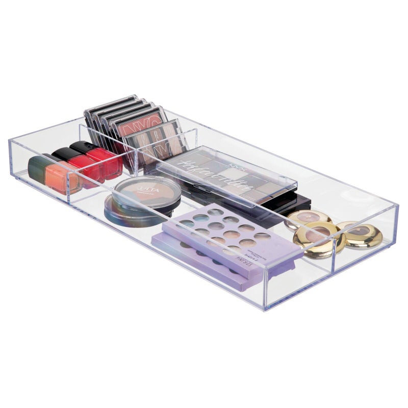 mDesign Plastic Divided Makeup Organizer Holder Tray for Bathroom Drawer Vanity Countertop Storage Cosmetic Organization Holds Palettes Brushes Accessories Lumiere Collection Clear