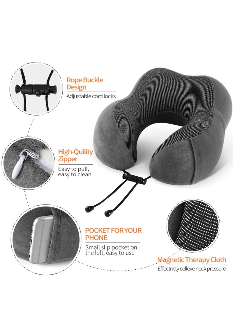MNUK MNP-3 Neck Pillow for Travel, Grey|Memory Cotton U-Shaped Pillow with Magnetic Cloth |Machine Washable Ultimate Travel Pillow for Car, Flight & Nap