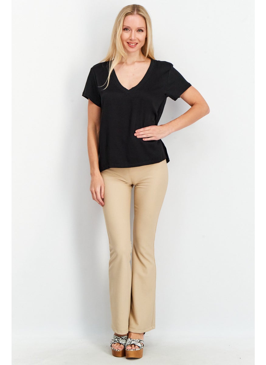 Splendid Women V Neck Short Sleeves Plain Top, Black  - Image 2