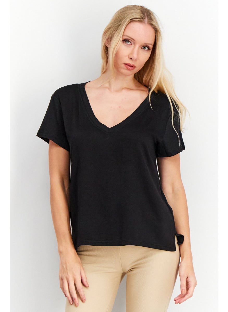 Splendid Women V Neck Short Sleeves Plain Top, Black  - Image 1