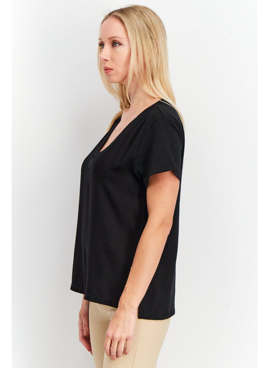 Splendid Women V Neck Short Sleeves Plain Top, Black  - Image 4