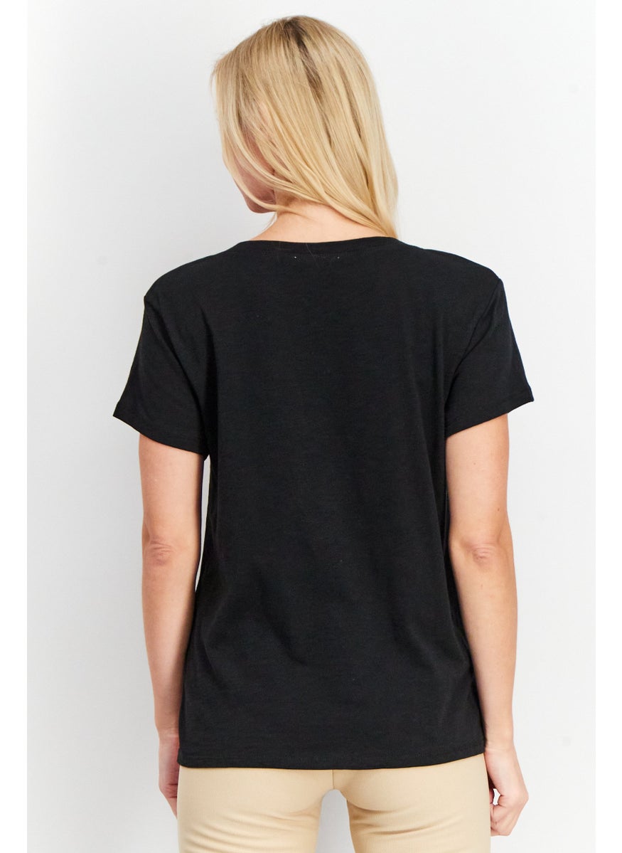 Splendid Women V Neck Short Sleeves Plain Top, Black  - Image 3