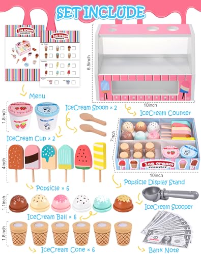 Toyssa Wooden Ice Cream Toys Kids Kitchen Play Store for Toddlers Girls, Play Kitchen Accessories with Scoop & Menu & Fake Money, Wooden Toys for 3 4 5 Year Old Girls Boys Birthday - Image 2