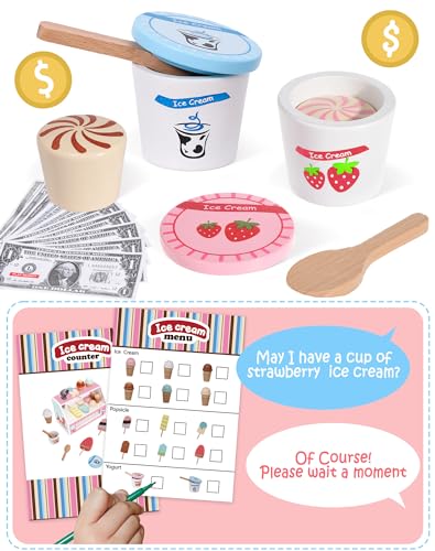 Toyssa Wooden Ice Cream Toys Kids Kitchen Play Store for Toddlers Girls, Play Kitchen Accessories with Scoop & Menu & Fake Money, Wooden Toys for 3 4 5 Year Old Girls Boys Birthday - Image 3