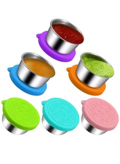Salad Dressing Containers To Go, Small Condiment with Lids, Stainless Steel Cups Dipping Sauce Container for Lunch Bento Box Leakproof Silicone Lids Kids(6 Pack)