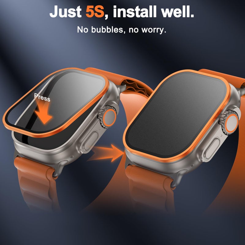 YWXTW Matte Screen Protector for Apple Watch Ultra 3/ Ultra 2/ Ultra (49mm), [Smooth as Silk] Tempered Glass + Titanium Alloy Frame for Apple Ultra 3, Anti Glare, 1S Press, Bubble Free, 2 Pack, Orange - Image 4