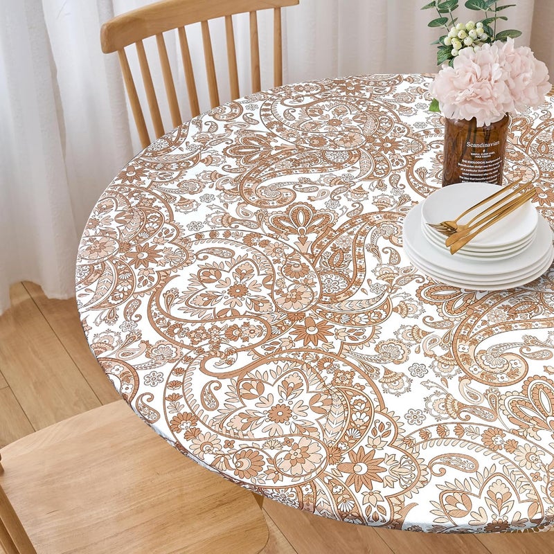 LIBERECOO Luxury Paisley Round Vinyl Tablecloth with Flannel Backing - Waterproof, Oilproof, Wipeable Dining Table Cover for Indoor/Outdoor Use - Image 3