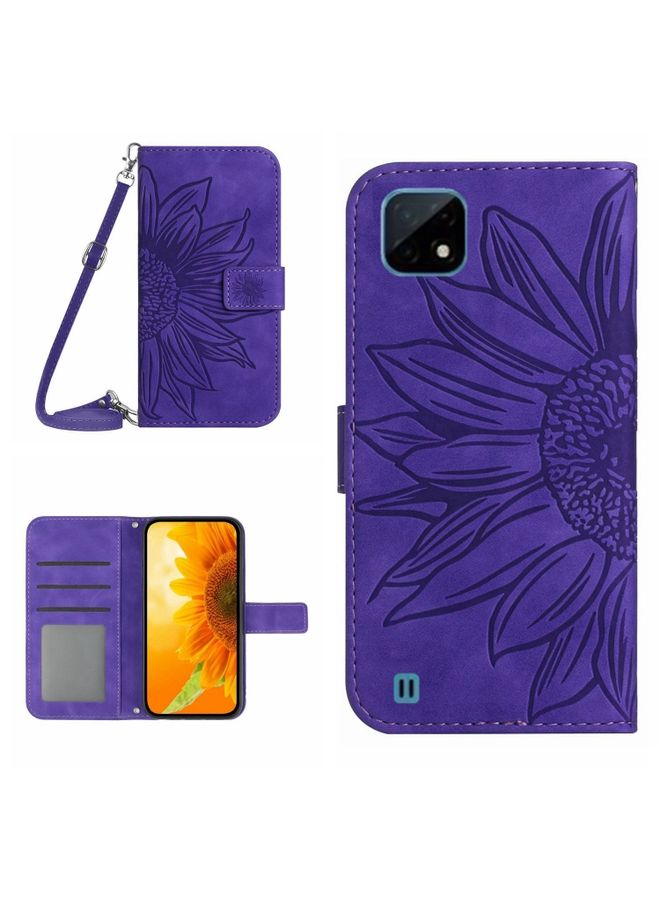 HuHa Case Cover For Realme C12/C15/C25 Skin Feel Sun Flower Pattern Flip Leather Phone Case with Lanyard Dark Purple
