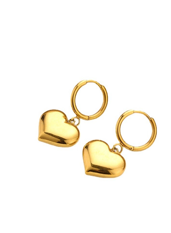 1 pair of fashionable girls' heart earrings, titanium steel three-dimensional smooth heart-shaped earrings, electroplated color-preserving, fashionable and elegant ear clips and ear studs  - Image 1