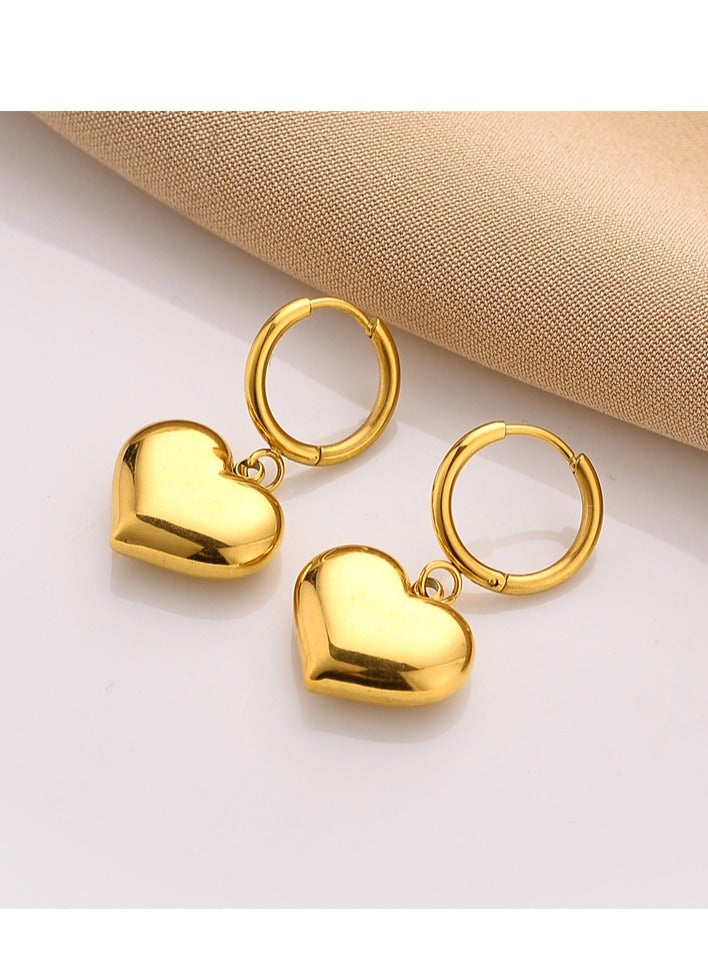 1 pair of fashionable girls' heart earrings, titanium steel three-dimensional smooth heart-shaped earrings, electroplated color-preserving, fashionable and elegant ear clips and ear studs  - Image 2