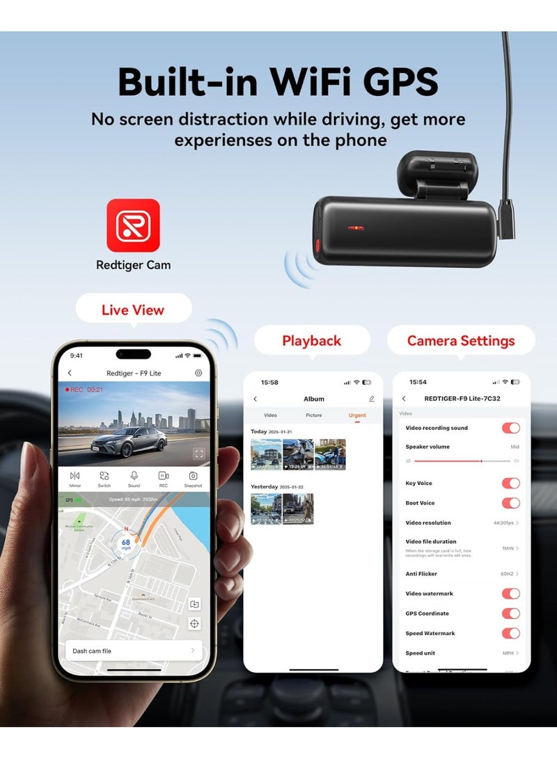 REDTIGER 4K Dash Cam for Cars Front,App Control,ADAS,32GB Memory Card Included,Built-in WiFi GPS,Mini Dash Cam with G Sensor,Night Vision,24H Parking Mode,Loop Recording,F9 Lite - Image 3