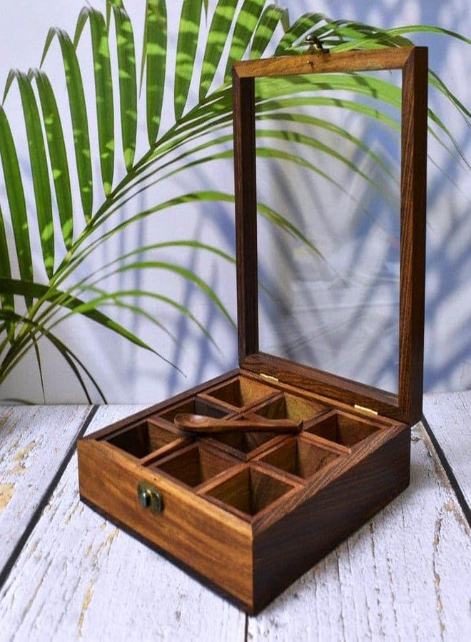 UMAAS® Spice Box for Kitchen with 2 Spoons/Sheesham Wooden Table Top Masala Dabba 9 Containers Jars & Kitchen Spice Box/Masala Box for Kitchen (Removable Partitions, Brown), ANE*3 - Image 2