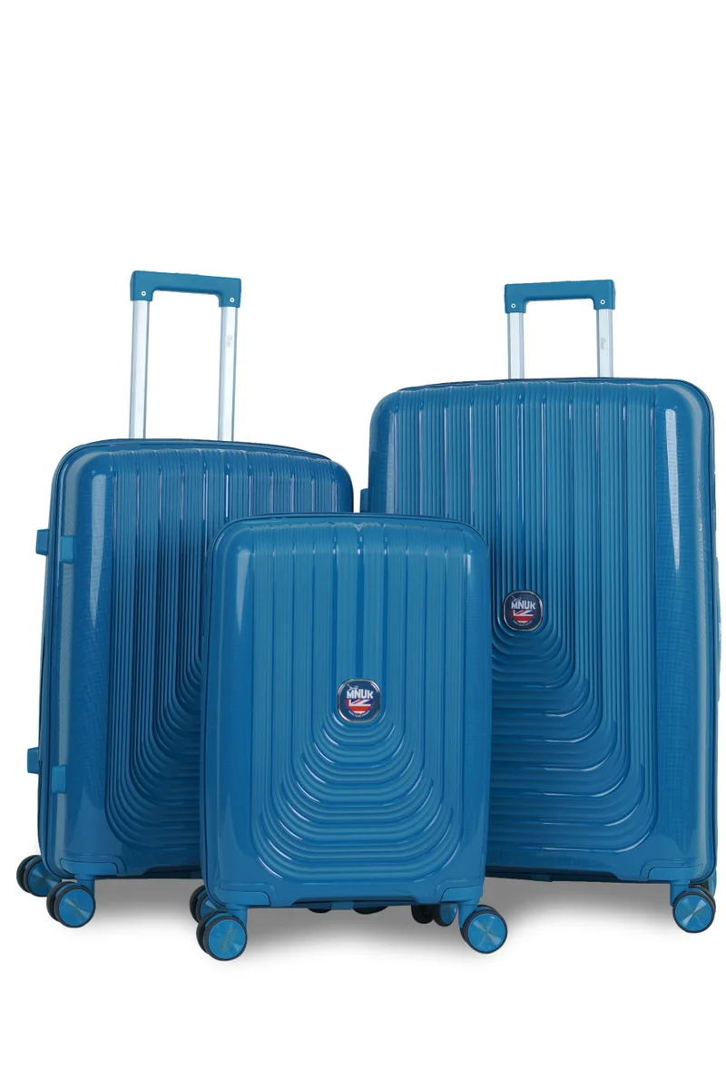 MNUK Viajero Stra Ordinario Set of 3 Luggage| Polypropylene (PP) Hardside Luggage Trolley |Double 360° 4 Wheeler| Cabin-20 Inch, Medium-24 Inch, Large-28 Inch|Blue