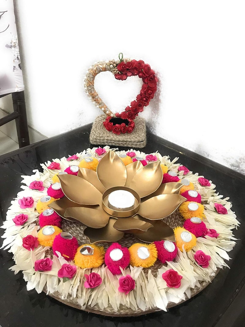 AGAAS ENTERPRISES Decorative Metal Lotus Tealight Candle Holder with Flower Decorative Floor Rangoli Mat Floor Table Decorative Item Diwali Decoration Home Decorative Item Golden - Image 4
