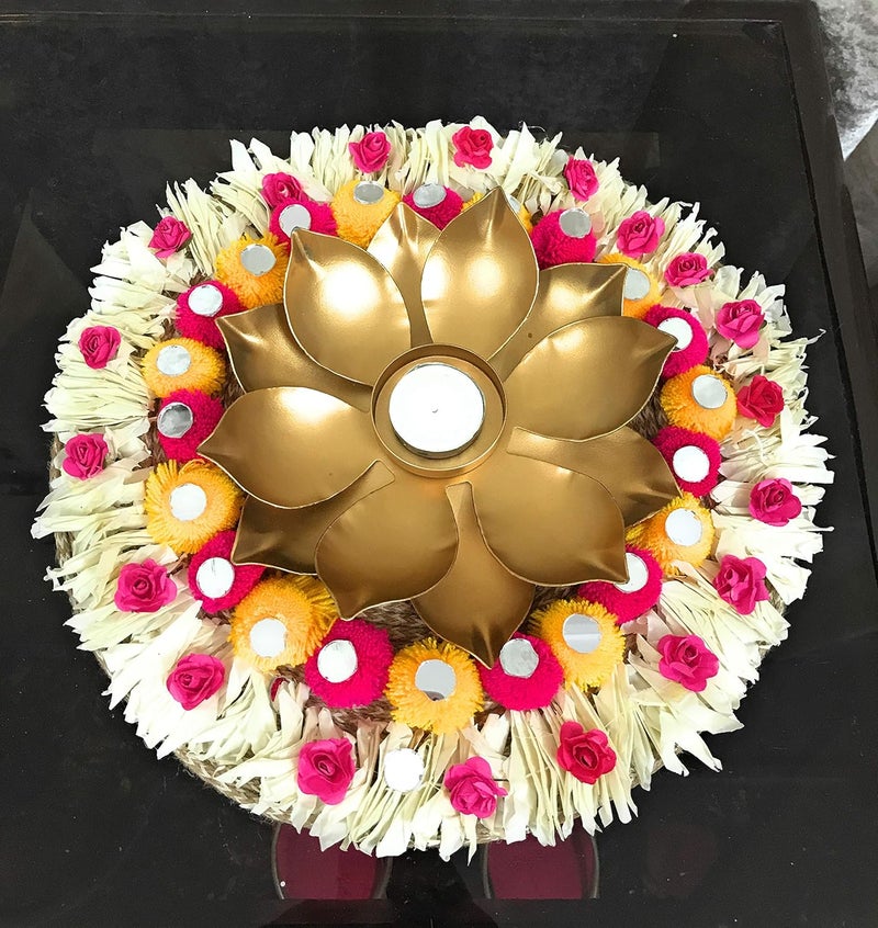 AGAAS ENTERPRISES Decorative Metal Lotus Tealight Candle Holder with Flower Decorative Floor Rangoli Mat Floor Table Decorative Item Diwali Decoration Home Decorative Item Golden - Image 5