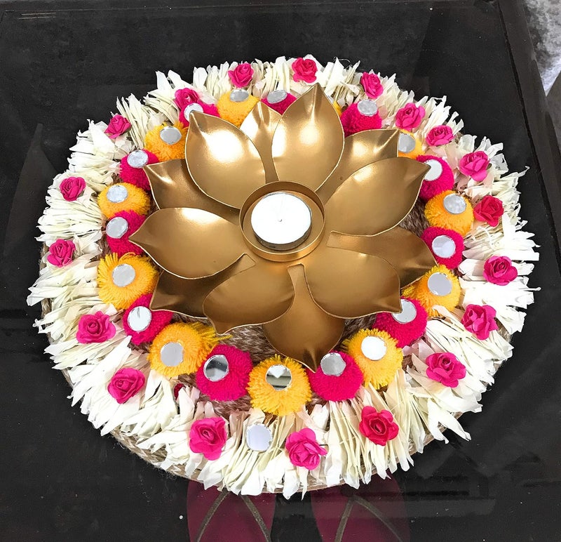 AGAAS ENTERPRISES Decorative Metal Lotus Tealight Candle Holder with Flower Decorative Floor Rangoli Mat Floor Table Decorative Item Diwali Decoration Home Decorative Item Golden - Image 2