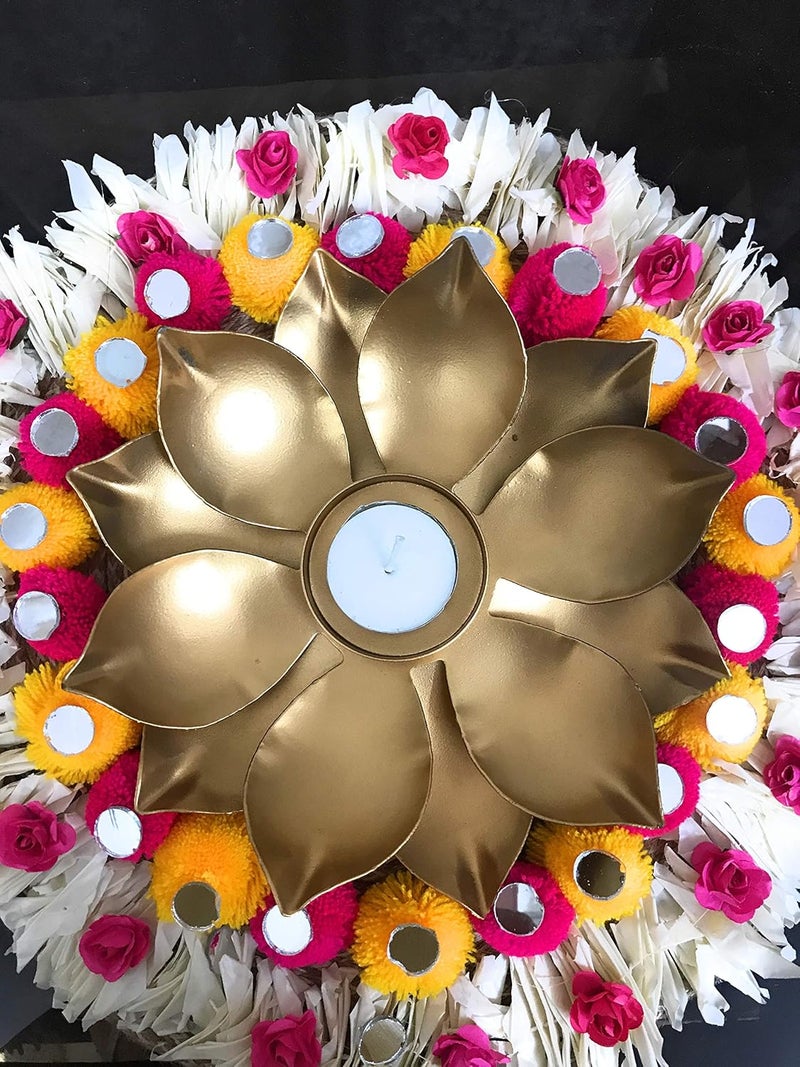 AGAAS ENTERPRISES Decorative Metal Lotus Tealight Candle Holder with Flower Decorative Floor Rangoli Mat Floor Table Decorative Item Diwali Decoration Home Decorative Item Golden - Image 3