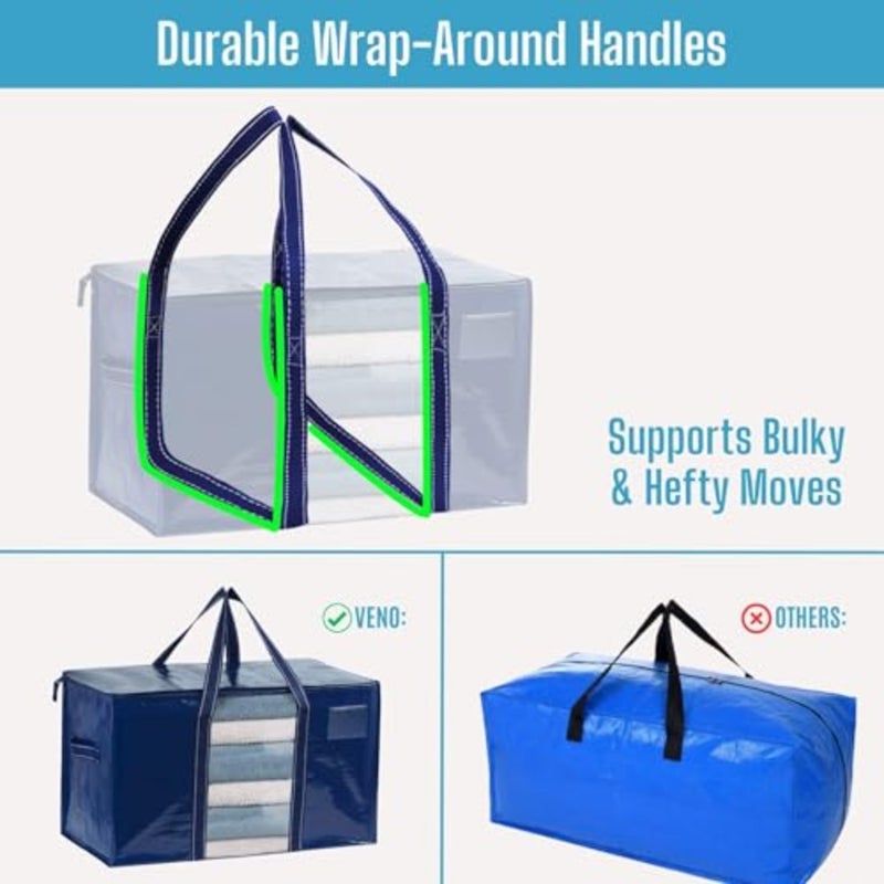 Heavy Duty Moving Bags w/ Window, Extra Large Storage Bag Moving Boxes Alternative w/ Around Handles, Lid, Tag, Zippers, Packing Supplies for College Dorm Clothes Space Saving - Image 2