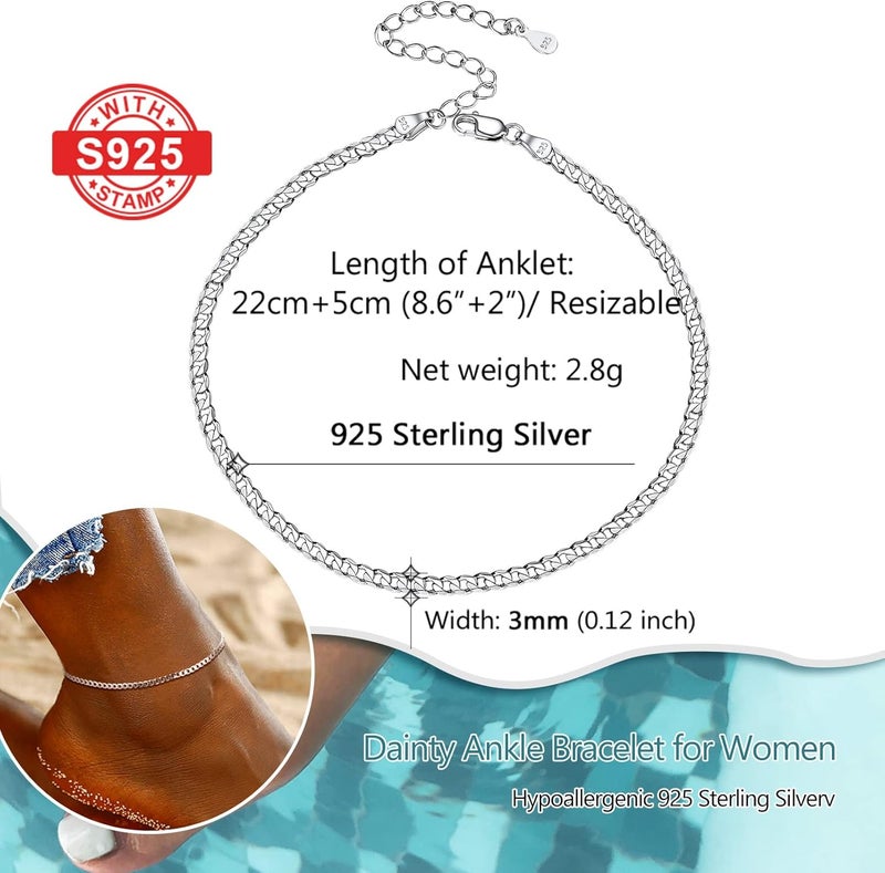 PROSILVER 925 Sterling Silver Ankle Bracelets For Women, Stylish Chain Anklets, Summer Beach Jewelry, 8.6-10.6 Inch Adjustable, Come with Box - Image 4