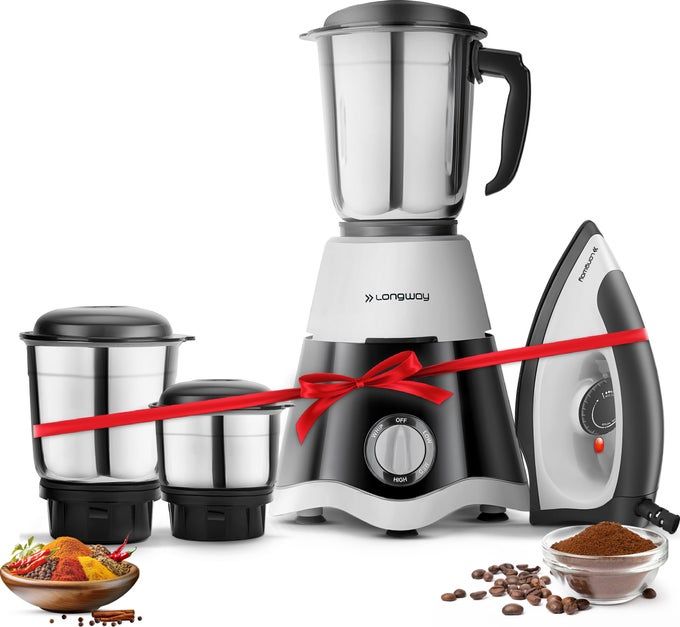 LONGWAY Super Dlx Mixer Grinder with Kwid 1100W Dry Iron | Up to 700 Watt Powerful Motor | 3 Jars for Grinding, Mixing, Juicing | 2 Year Warranty (Black & Gray, Combo Offer) - Image 1