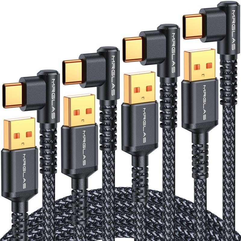MRGLAS 3.2A USB C Charger Cable,[4-Pack,10+6.6+3.3+1.6FT] USB A to USB C Right Angle Gold-Plated Type C Charger Fast Charging Durable Braided Cord for iPhone 17 16 15 Samsung S10 Note 10 S21 LG-Black - Image 1