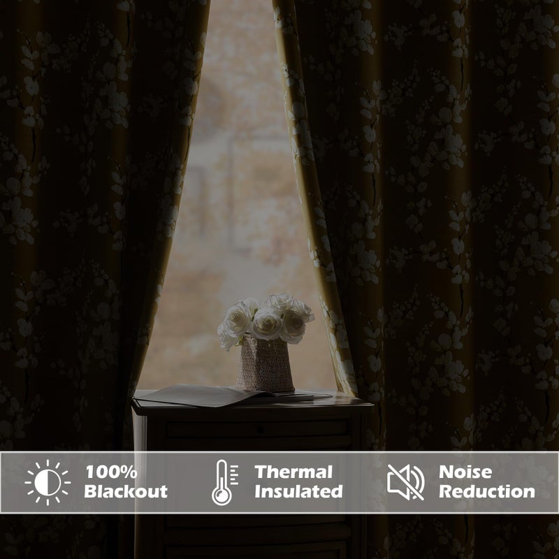 FMFUNCTEX 100% Blackout Floral Curtains for Bedroom  Mustard Yellow Curtain 84 inches Long Blossom Patterned for Living Room  Thermal Insulated Farmhouse Drapes  Grommet Top 2 Panels (White on Yellow) - Image 3