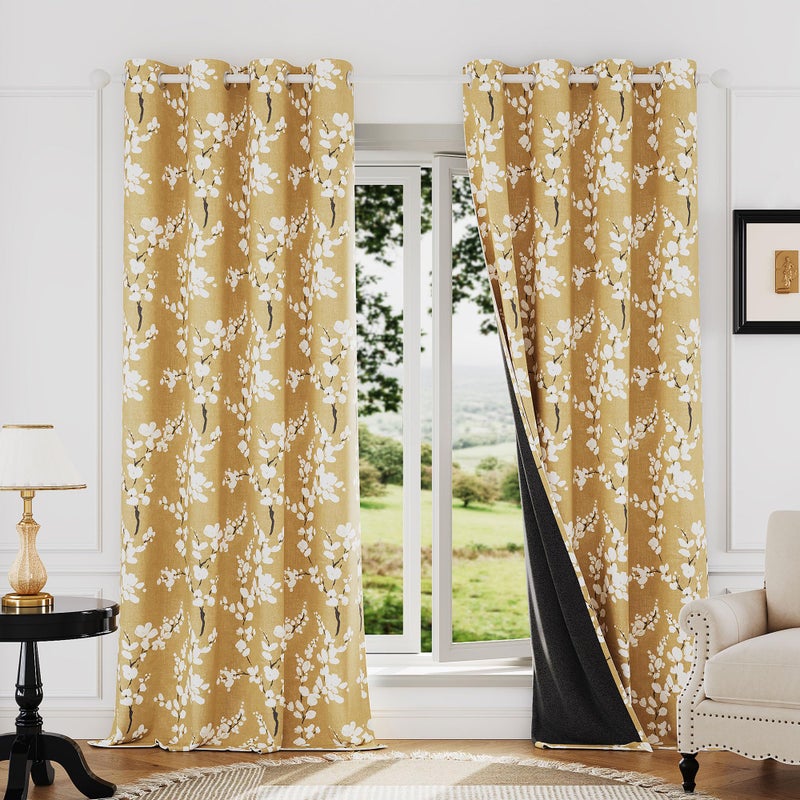 FMFUNCTEX 100% Blackout Floral Curtains for Bedroom  Mustard Yellow Curtain 84 inches Long Blossom Patterned for Living Room  Thermal Insulated Farmhouse Drapes  Grommet Top 2 Panels (White on Yellow) - Image 1