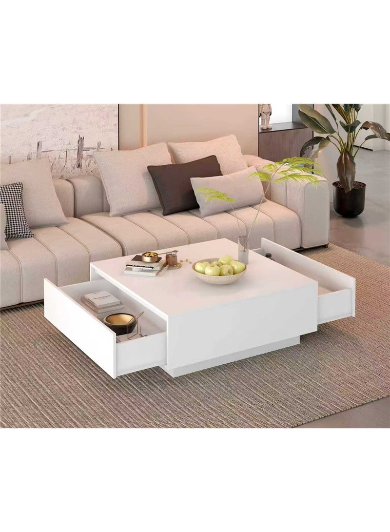 Coffee Table, Multi-Functional Center Table with Storage Drawer, Modern Square Living Room Desk Sofa Side Table for Home Office Coffee Shop, 90*90*35cm (White, CJ028) - Image 2