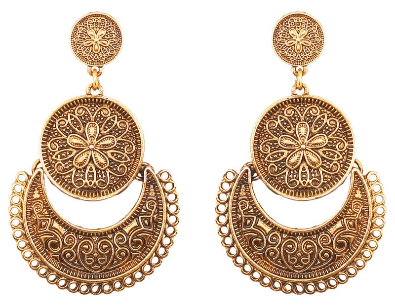 Touchstone Indian earrings for women gold jewelry folklorico chandelier dangle chandbali gypsy statement traditional wedding bridal trendy bollywood accessories in oxidized antique gold tone - Image 1
