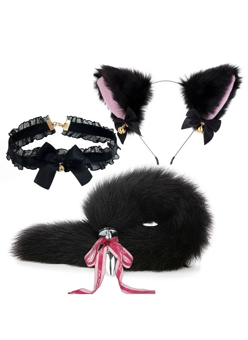 Generic Handmade Japanese Animal Ears Tail Cosplay Set Lolita Accessories Black three-piece set 
