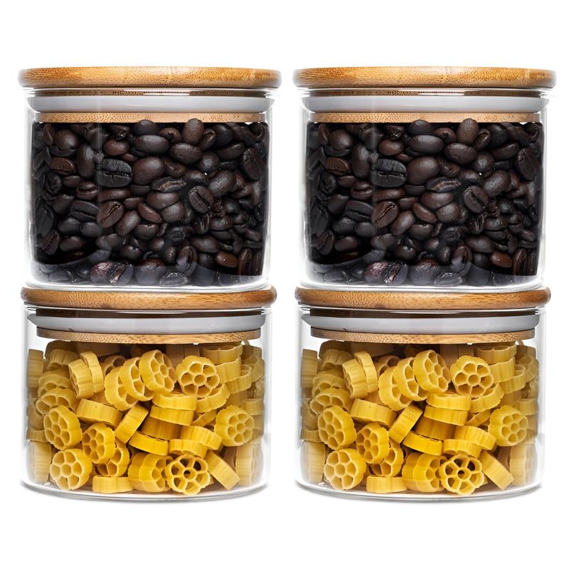 Allo 300ML Kitchen Storage Box Glass Jars With Wooden Lids - Borosilicate Glass Food Storage Containers Airtight Glass Jar for Tea, Coffee, Spice, Pulses, Masala (Round Glass Jar - Set of 4) - Image 1