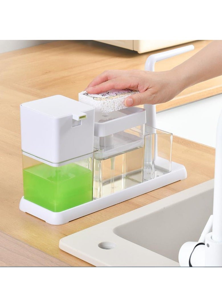 جولدن مجموعة موزع صابون اليد والأطباق، مجموعة موزع صابون المطبخ مع صينية وحامل إسفنجة وحامل خرقة، منظم 4 في 1 لطاولة حوض المطبخ، أدوات مطبخ مفيدة - أبيض - Image 1