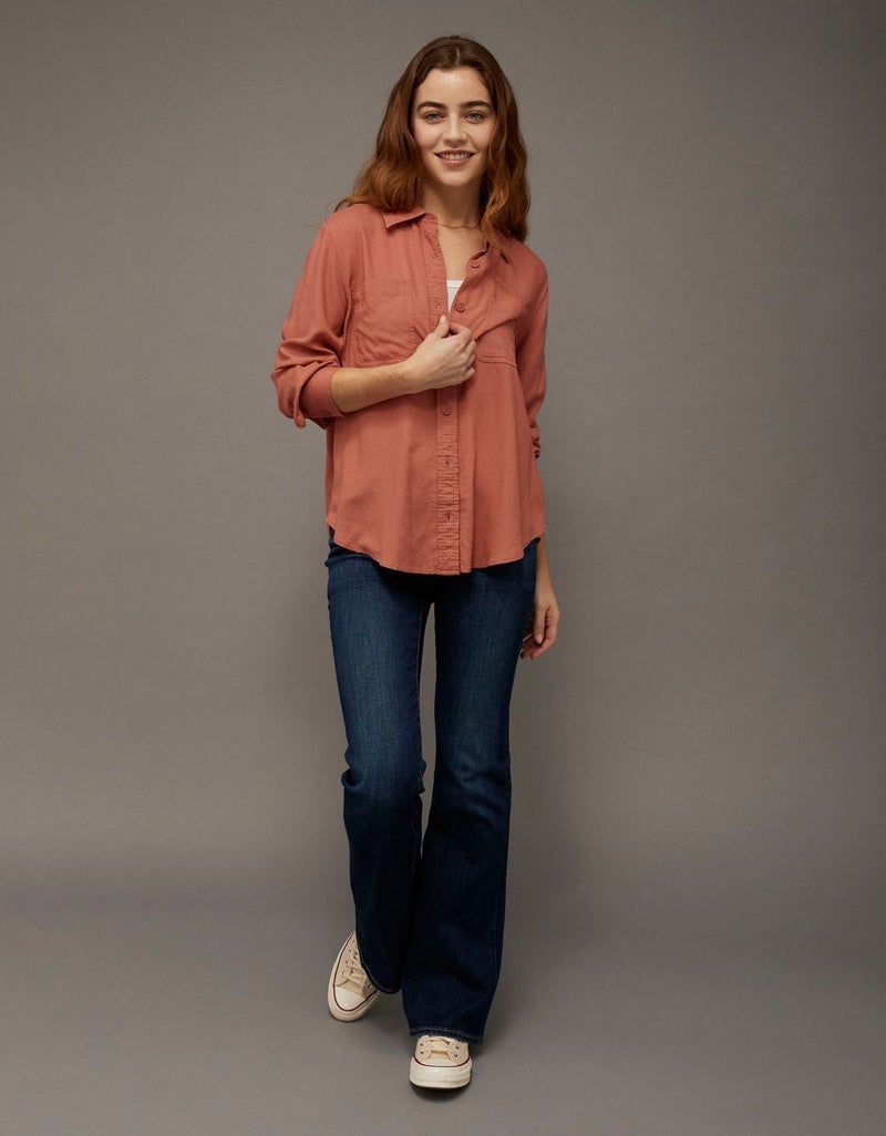 American Eagle AE Bestie Long-Sleeve Button-Up Shirt - Image 1