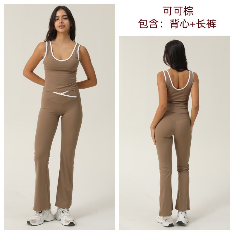 Generic Mu Jin Cross High Waist Sports Womens Contrast Color Backless Tight Naked Yoga suit Running Fitness Yoga Clothing 7843 Cocoa brown (vest + trousers) 