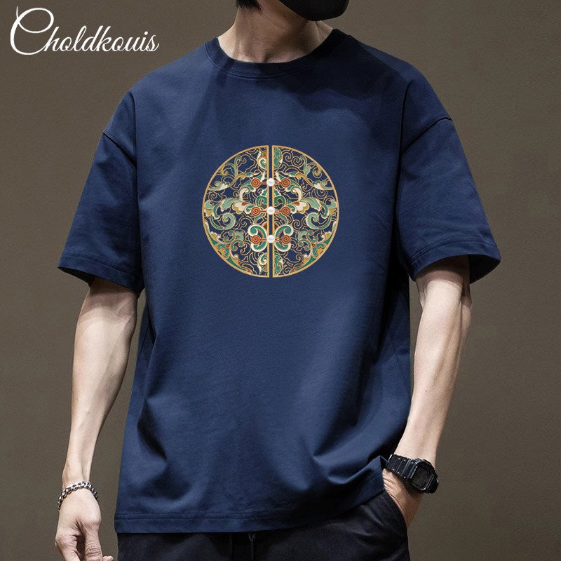 American-style national trend printed short-sleeved T-shirt for men's summer new heavy cotton casual loose round-neck half-sleeved top - Image 1
