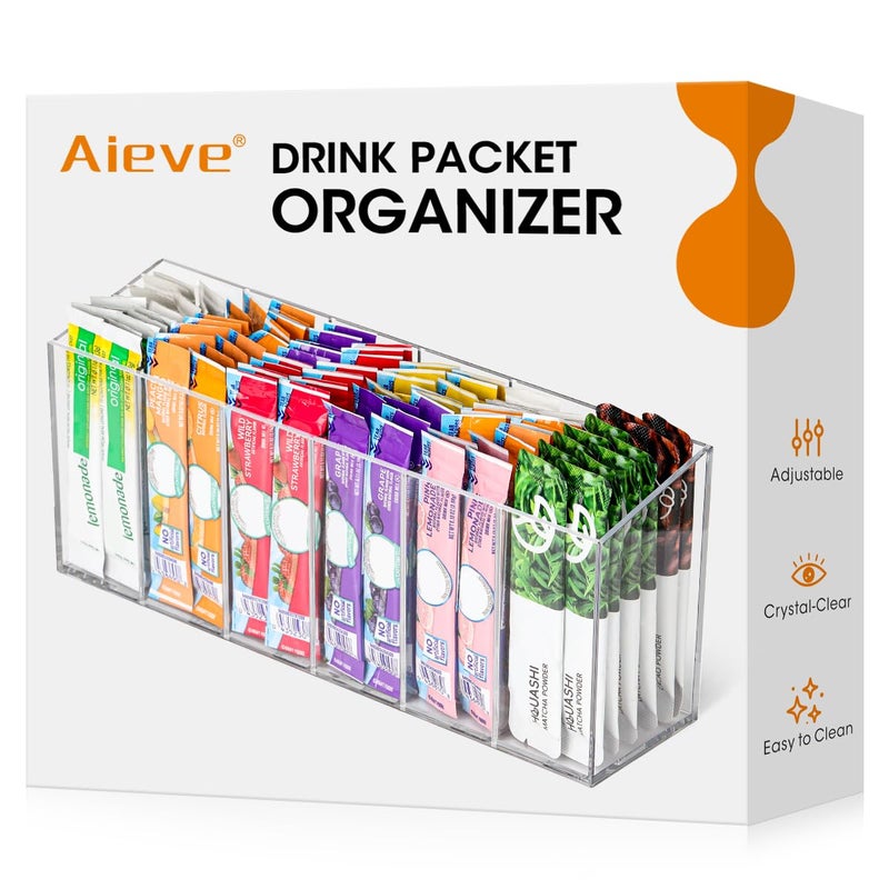 AIEVE Drink Packet Organizer, Water Drink Packet Holder with Removable Divider, Water Flavor Packet Organization Container for Kitchen Organizers and Storage (6 Compartments) - Image 1