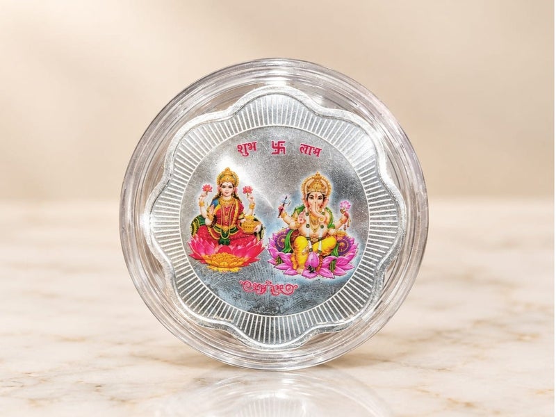KHUSHBOO JEWELS 20G 999 FINE PURE SILVER GANESHA COLOURED COIN FLOWER SHAPE - Image 1